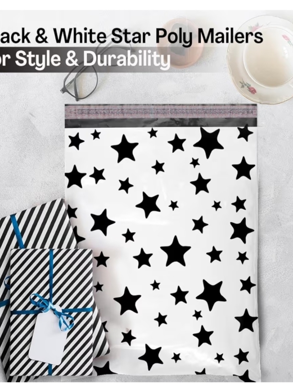 20 Black White Star Polymailers 10x13 Self-Seal Shipping Bags New Waterproof - Picture 3 of 7